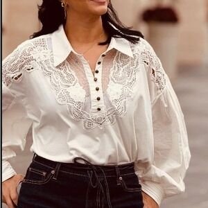 Maeve Anthropologie Balloon Sleeve Collared Yoke Top Boho Size Small